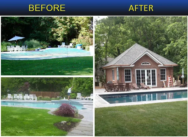 Before and after pool renovation showing a freeform pool transformed into a rectangular pool with a brick pool house in Lakehurst, NJ by Gorlin Pools